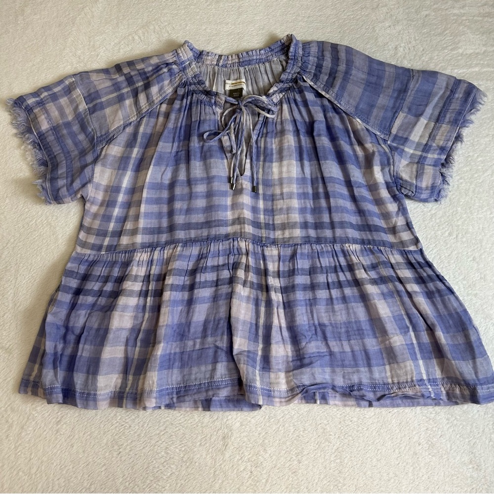 Pilcro By Anthropologie Women's Blouse Small Purple Plaid Short Sleeve V-Neck